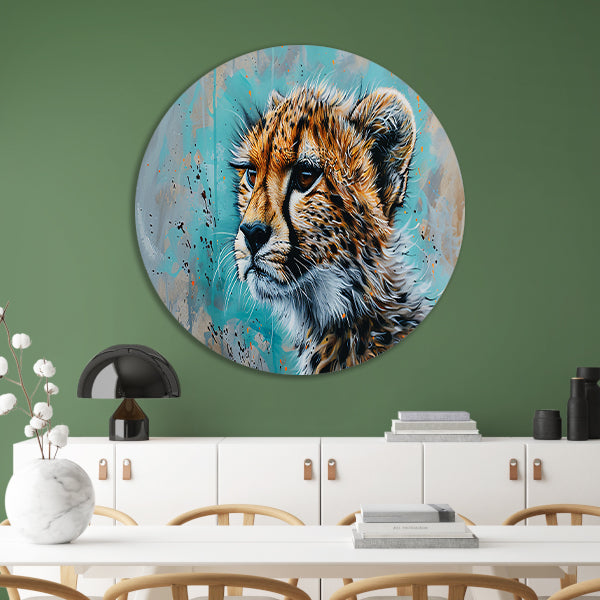 Dynamisch Pop Art schilderij van een cheetah aluminium muurcirkel
