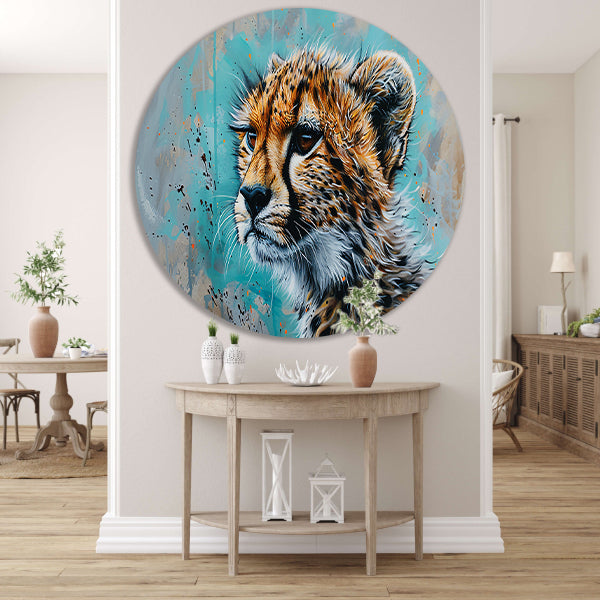 Dynamisch Pop Art schilderij van een cheetah aluminium muurcirkel