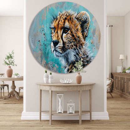 Dynamisch Pop Art schilderij van een cheetah aluminium muurcirkel