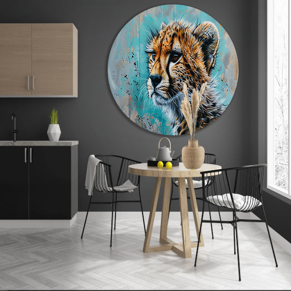 Dynamisch Pop Art schilderij van een cheetah aluminium muurcirkel