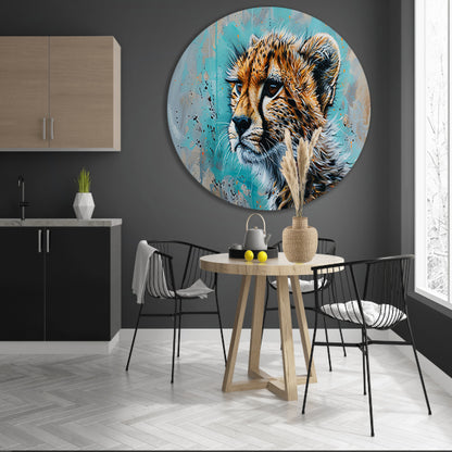 Dynamisch Pop Art schilderij van een cheetah aluminium muurcirkel
