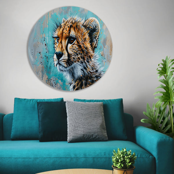 Dynamisch Pop Art schilderij van een cheetah aluminium muurcirkel