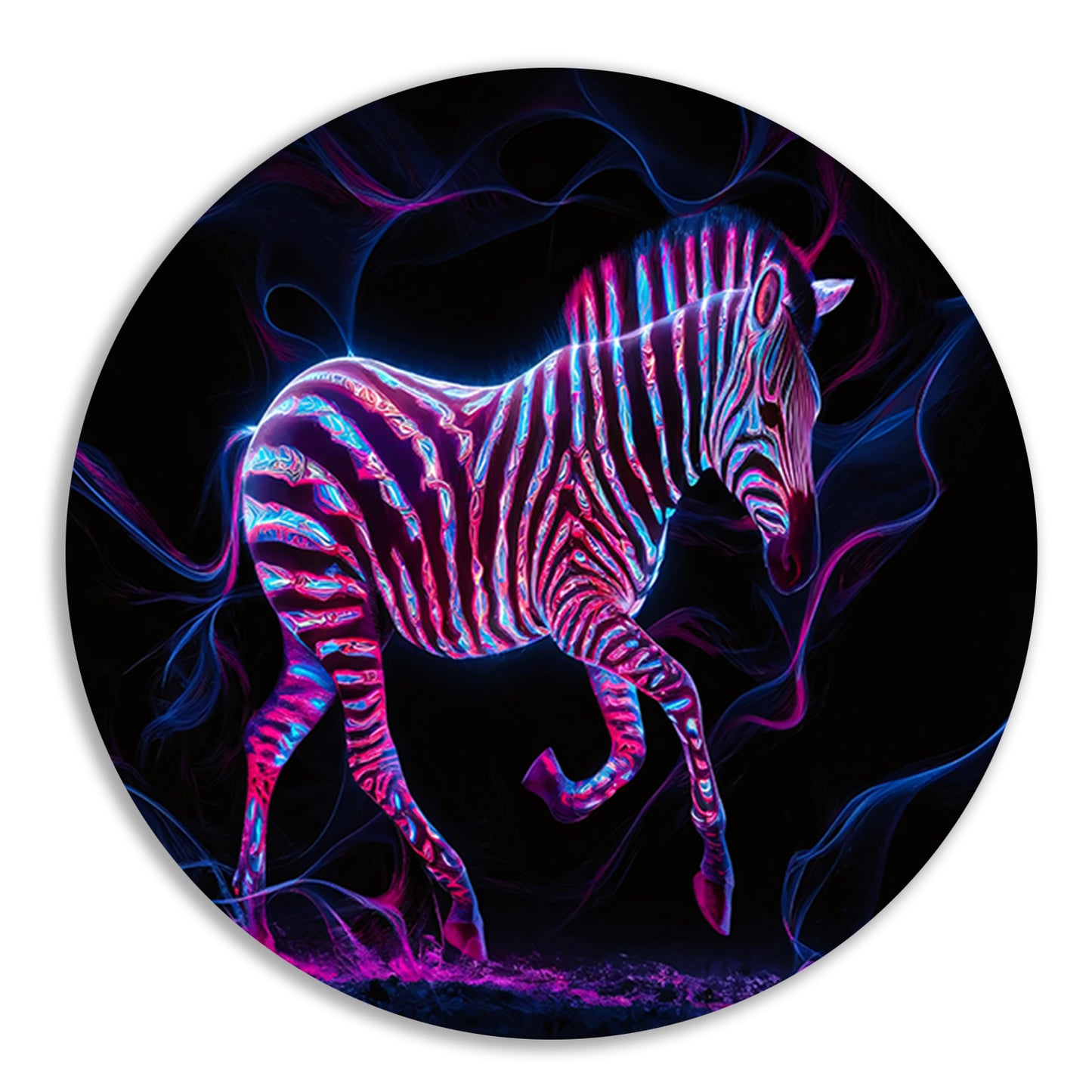 Fluorescerende zebra in neonkleuren kunstwerk aluminium muurcirkel