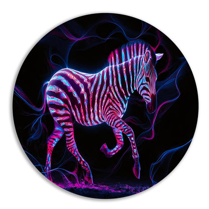 Fluorescerende zebra in neonkleuren kunstwerk aluminium muurcirkel