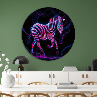 Fluorescerende zebra in neonkleuren kunstwerk aluminium muurcirkel