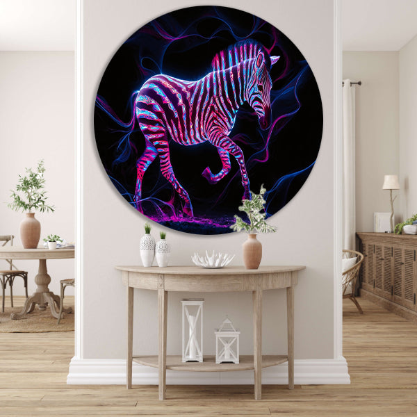 Fluorescerende zebra in neonkleuren kunstwerk aluminium muurcirkel