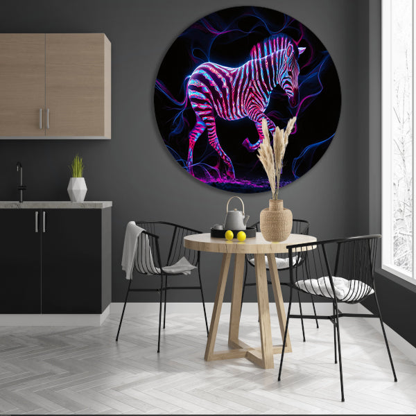 Fluorescerende zebra in neonkleuren kunstwerk aluminium muurcirkel