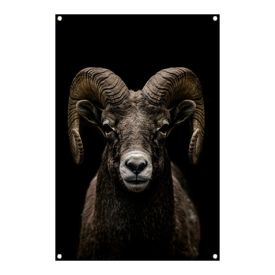 Krachtige close-up van een ram in zwart en wit tuinposter