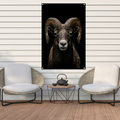 Krachtige close-up van een ram in zwart en wit tuinposter