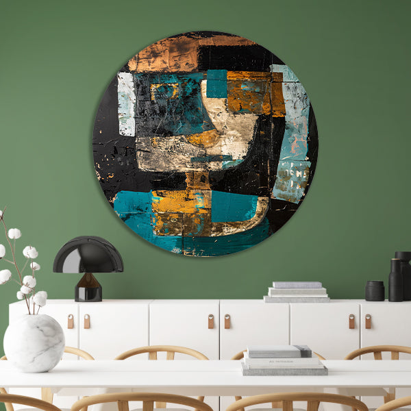 Abstract expressief portret in dynamische kleuren aluminium muurcirkel