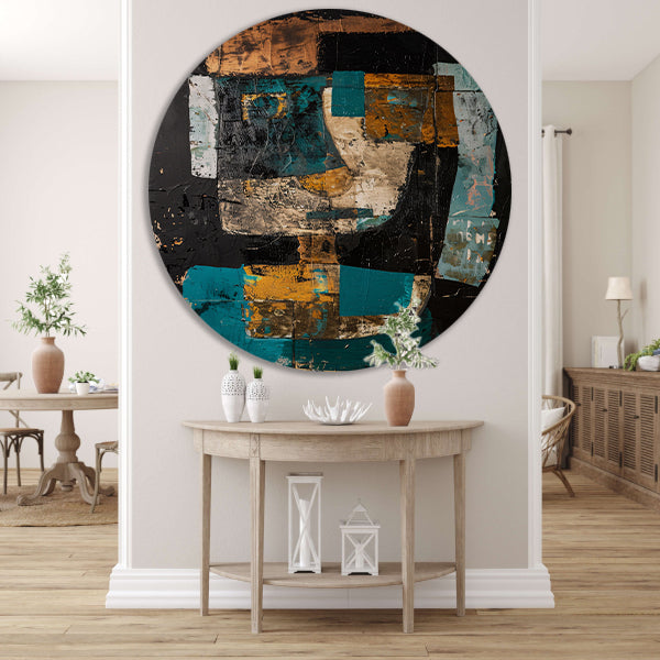 Abstract expressief portret in dynamische kleuren aluminium muurcirkel