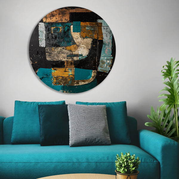 Abstract expressief portret in dynamische kleuren aluminium muurcirkel