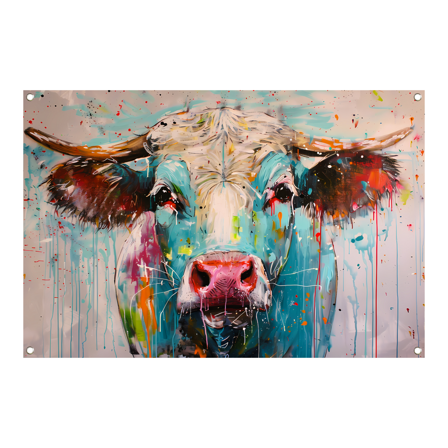 Abstracte kleurrijke koe schilderij tuinposter