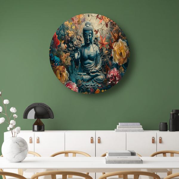 Mediterende Boeddha in Lotus aluminium muurcirkel