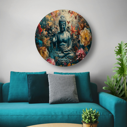Mediterende Boeddha in Lotus aluminium muurcirkel