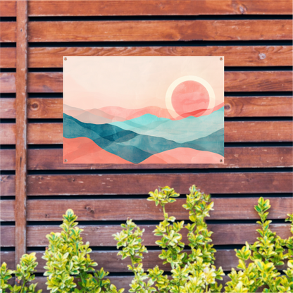 Abstract landschap met zonsondergang in pasteltinten tuinposter