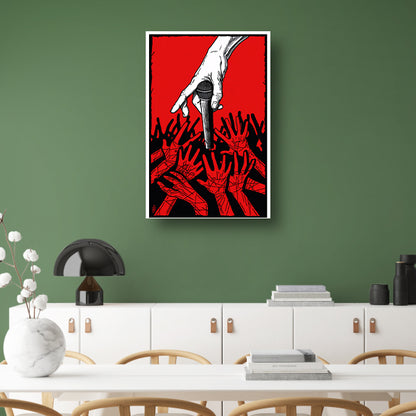 Hand houdt microfoon omhoog tussen andere handen. canvas met baklijst