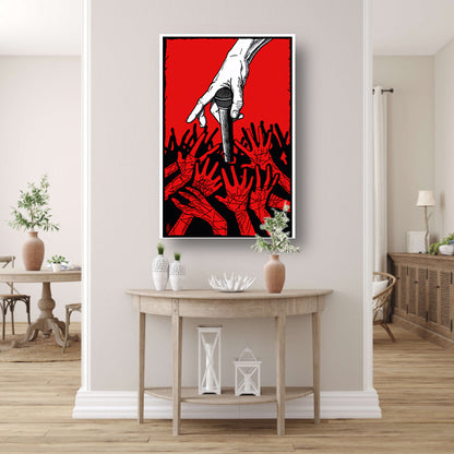 Hand houdt microfoon omhoog tussen andere handen. canvas met baklijst