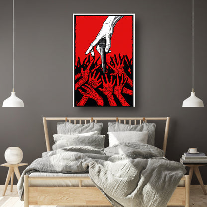 Hand houdt microfoon omhoog tussen andere handen. canvas met baklijst