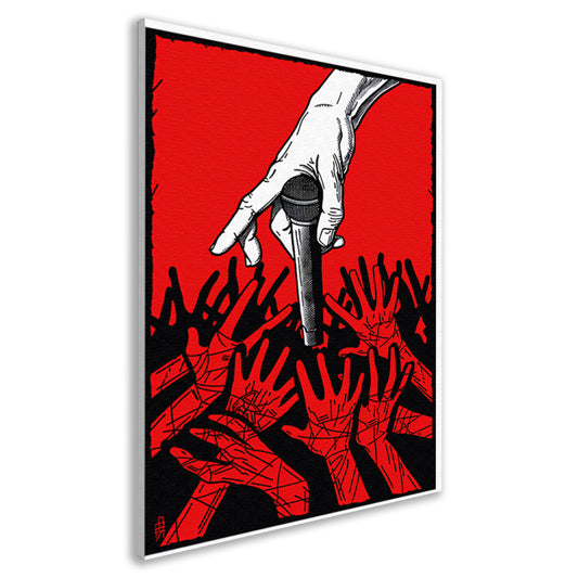 Hand houdt microfoon omhoog tussen andere handen. canvas