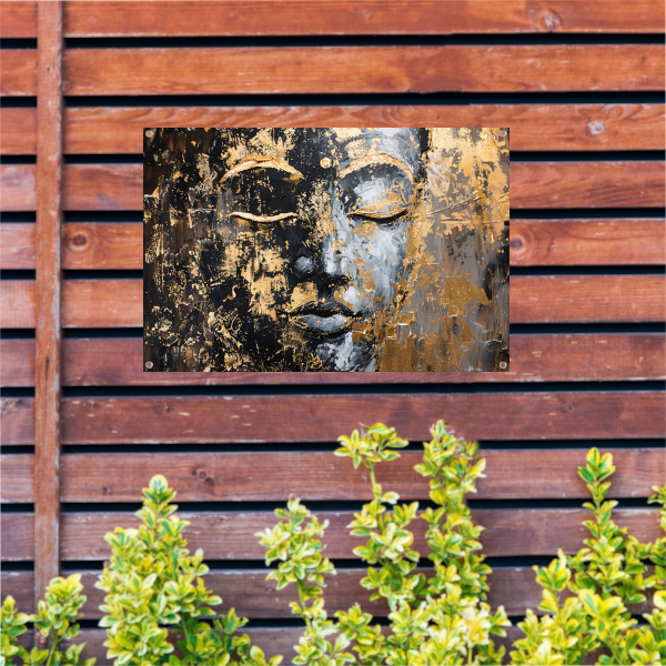 Moderne abstracte interpretatie van Boeddha in goud en zwart tuinposter