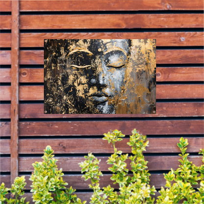 Moderne abstracte interpretatie van Boeddha in goud en zwart tuinposter