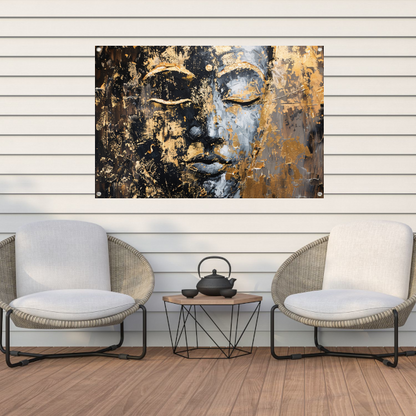 Moderne abstracte interpretatie van Boeddha in goud en zwart tuinposter