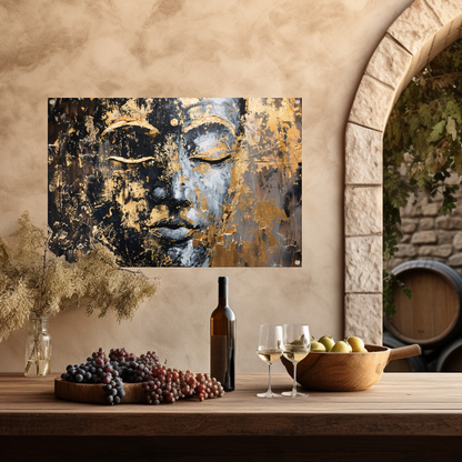Moderne abstracte interpretatie van Boeddha in goud en zwart tuinposter