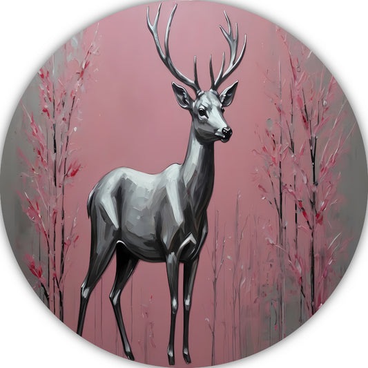 Zilveren hert in roze abstract bos aluminium muurcirkel