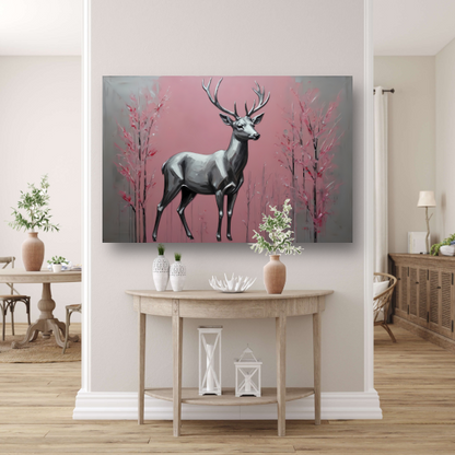 Zilveren hert in roze abstract bos canvas met baklijst