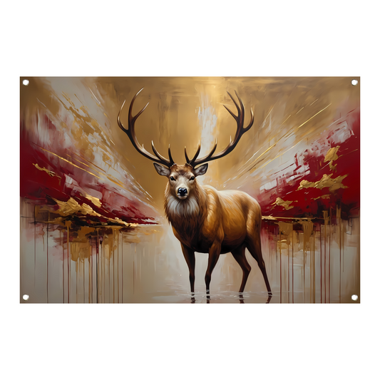 Majestueuze Gouden Hert in Abstract Rood tuinposter
