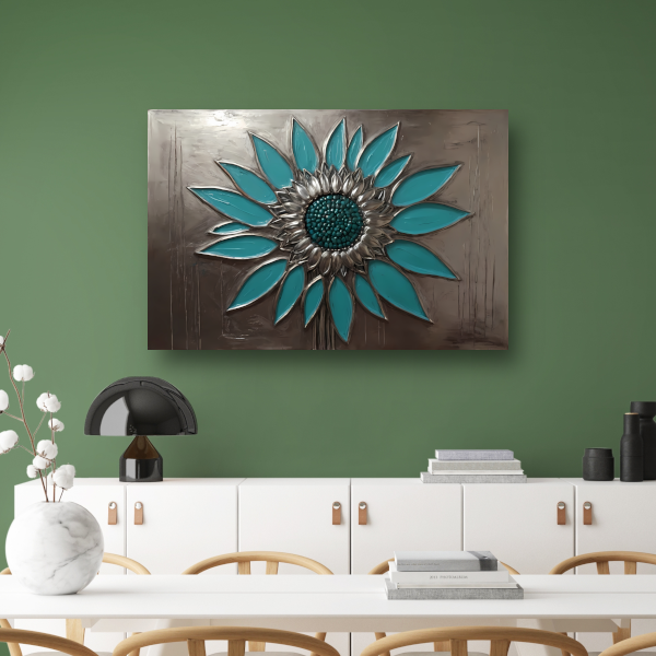 Turquoise en Zilveren Zonnebloem Kunstwerk canvas met baklijst