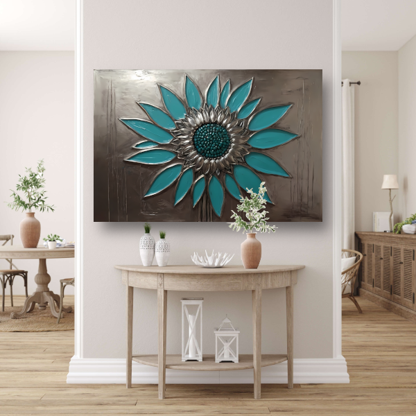 Turquoise en Zilveren Zonnebloem Kunstwerk canvas met baklijst