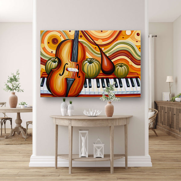 Surrealistisch schilderij van viool en fruit canvas met baklijst