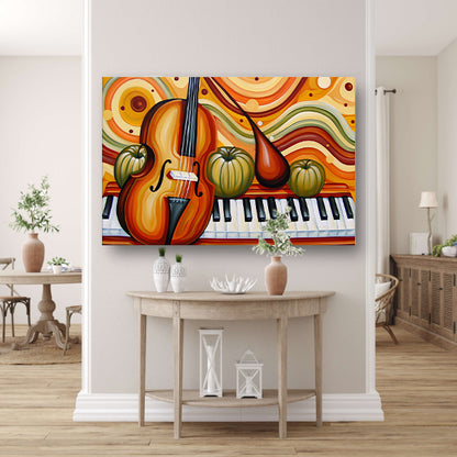 Surrealistisch schilderij van viool en fruit canvas met baklijst