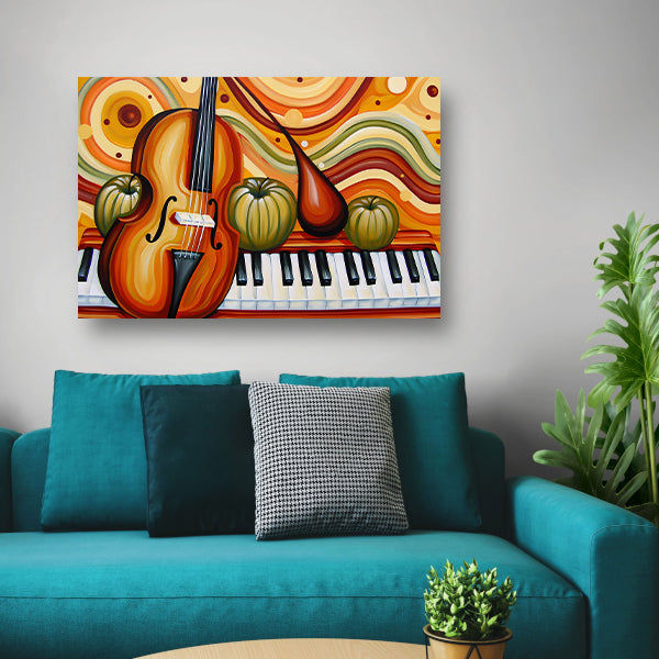 Surrealistisch schilderij van viool en fruit canvas met baklijst