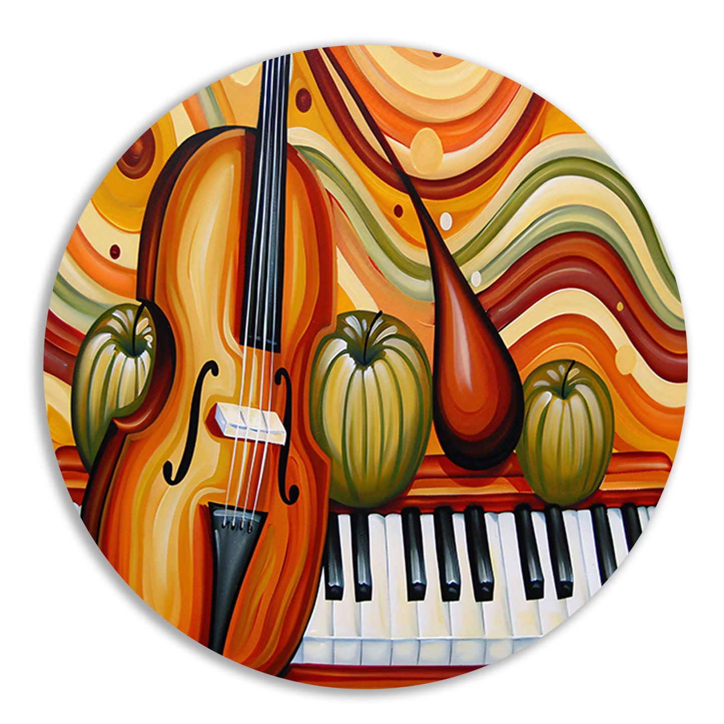 Surrealistisch schilderij van viool en fruit aluminium muurcirkel