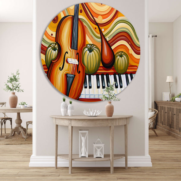 Surrealistisch schilderij van viool en fruit aluminium muurcirkel