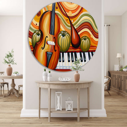 Surrealistisch schilderij van viool en fruit aluminium muurcirkel