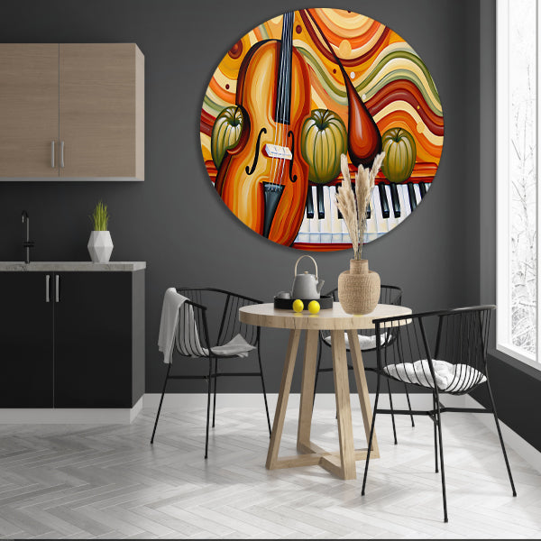 Surrealistisch schilderij van viool en fruit aluminium muurcirkel