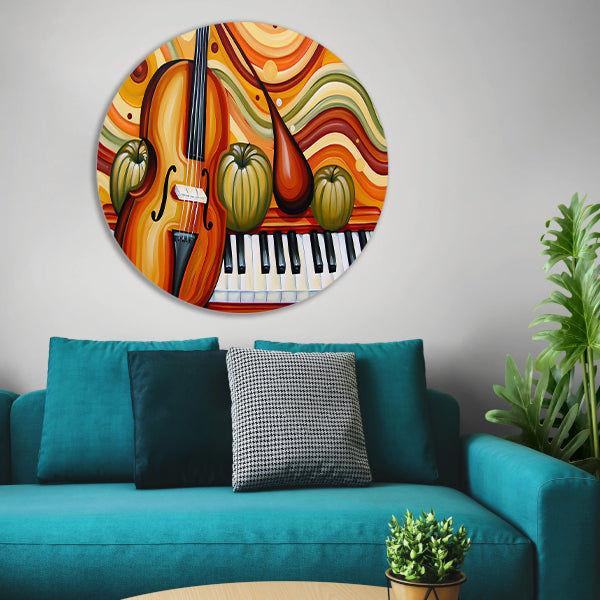 Surrealistisch schilderij van viool en fruit aluminium muurcirkel