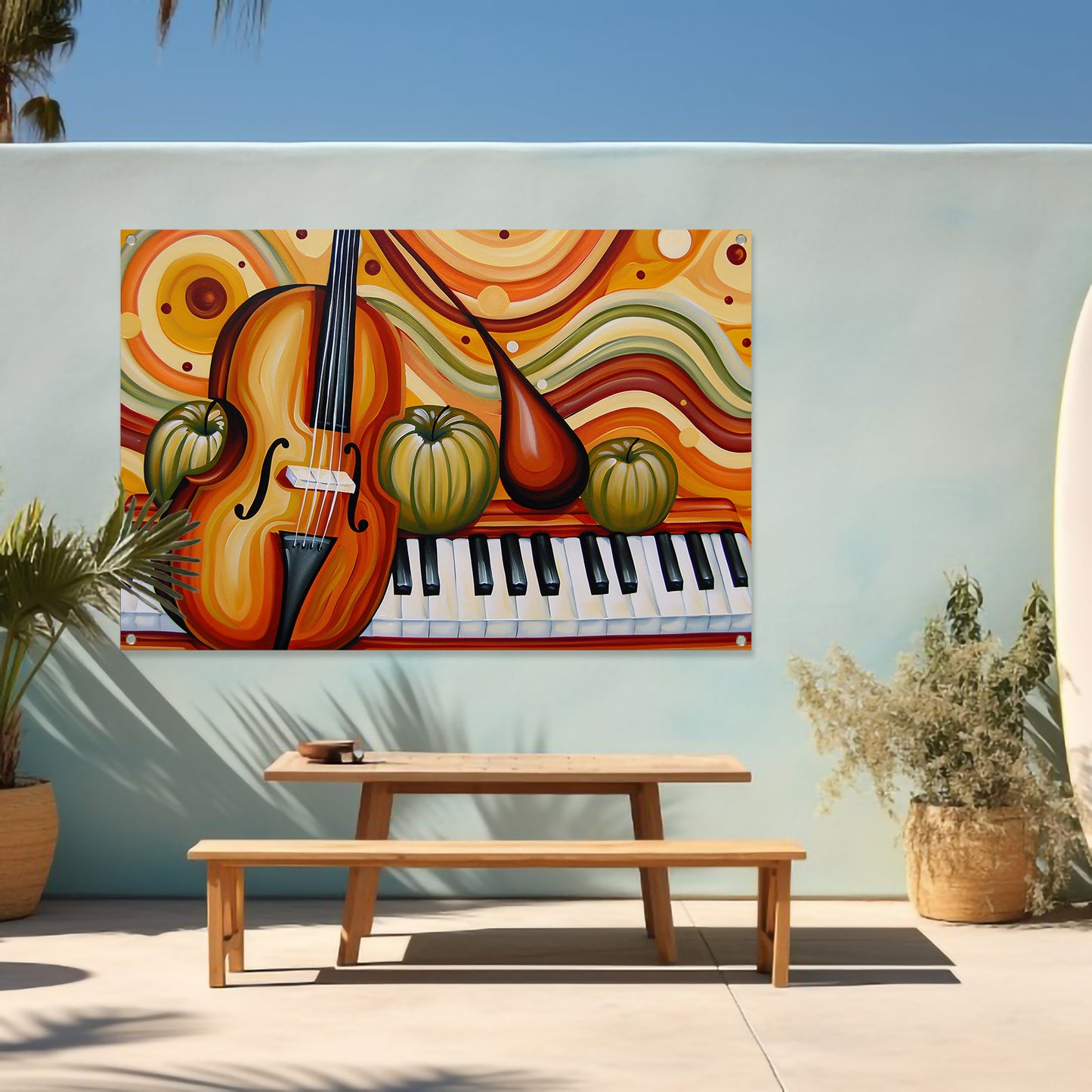 Surrealistisch schilderij van viool en fruit tuinposter