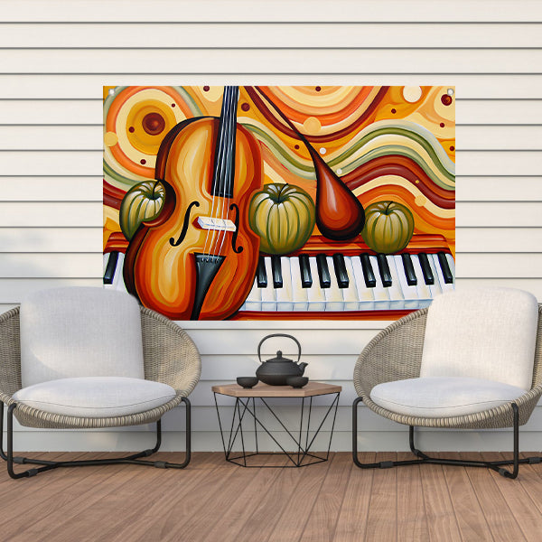 Surrealistisch schilderij van viool en fruit tuinposter