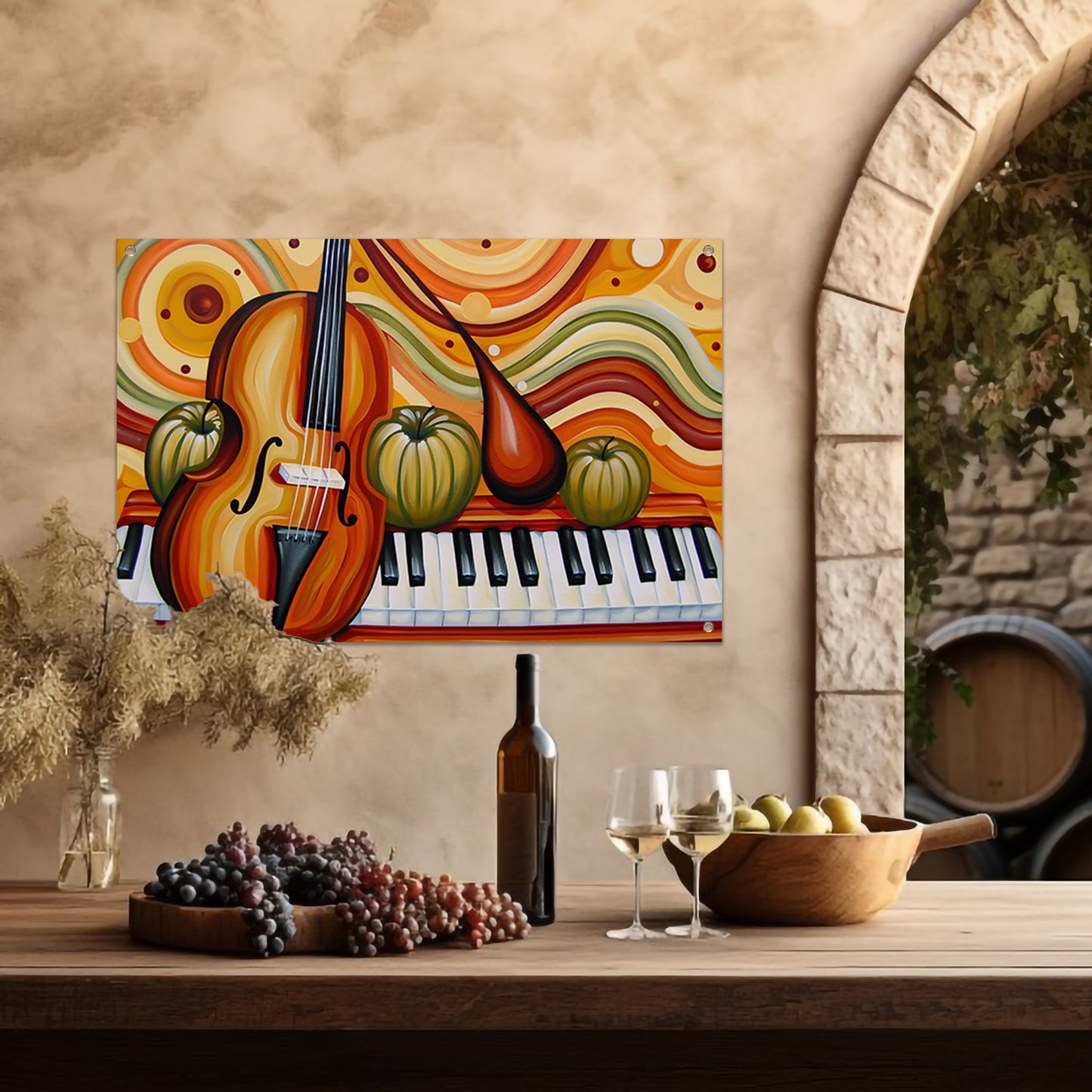Surrealistisch schilderij van viool en fruit tuinposter