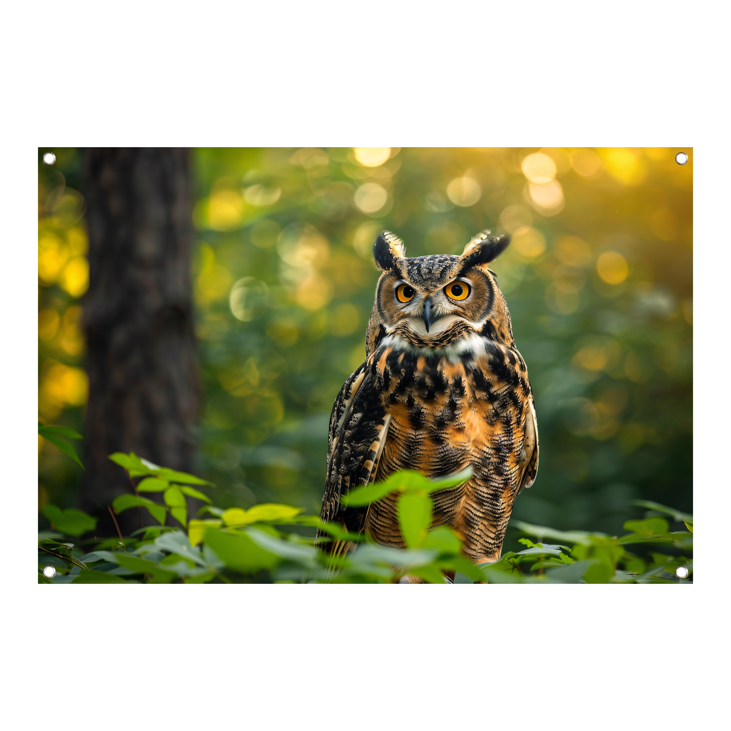 Wijze uil in het groene bos bij zonsondergang tuinposter