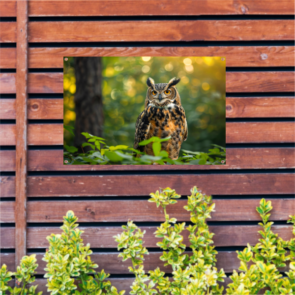 Wijze uil in het groene bos bij zonsondergang tuinposter