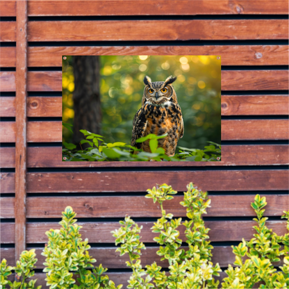 Wijze uil in het groene bos bij zonsondergang tuinposter