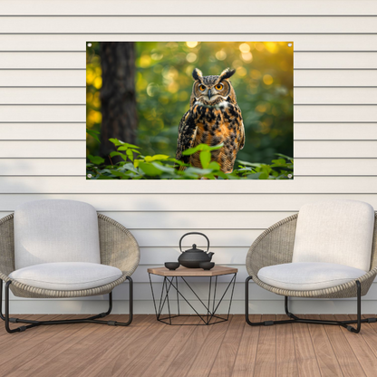 Wijze uil in het groene bos bij zonsondergang tuinposter