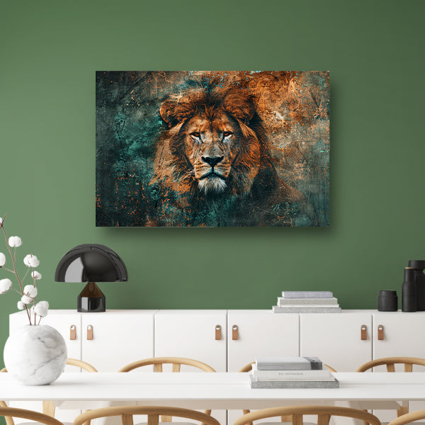 Mysterieus leeuwenportret met abstracte texturen canvas met baklijst