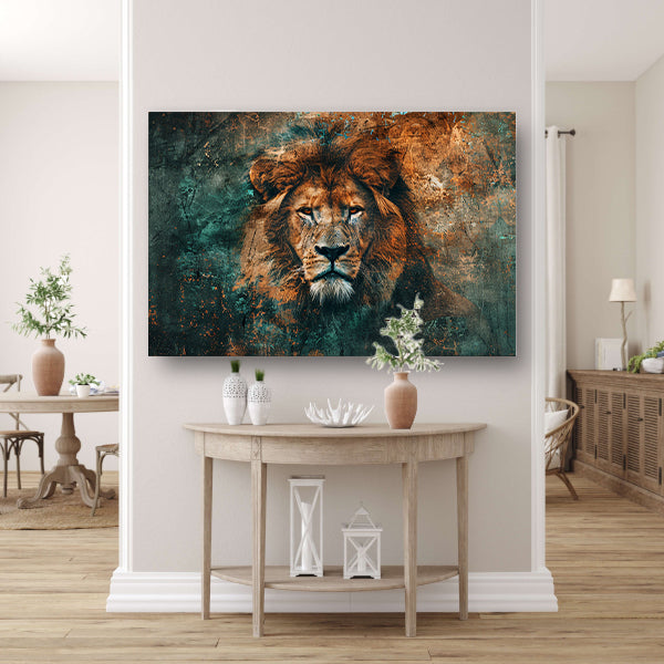 Mysterieus leeuwenportret met abstracte texturen canvas met baklijst